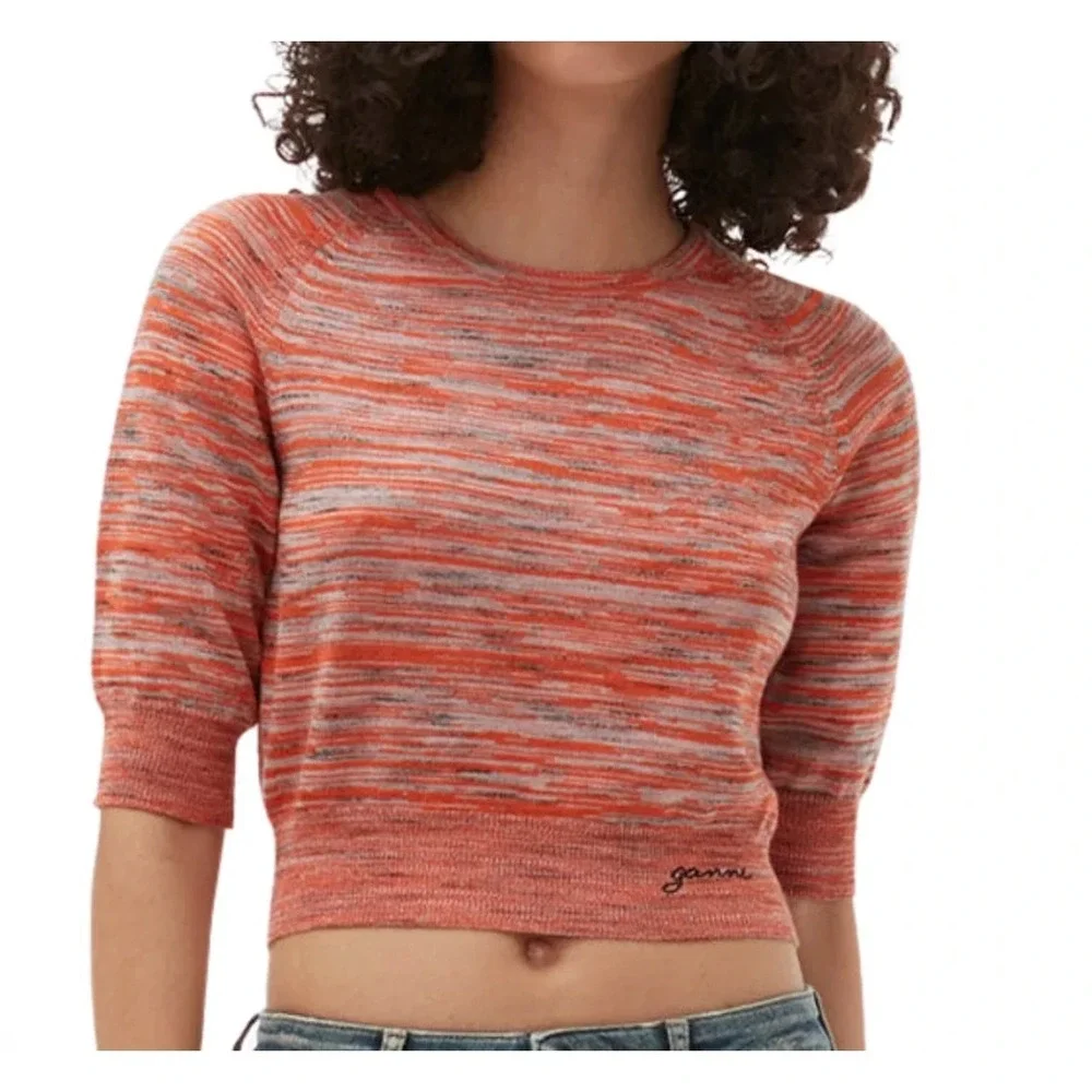 Ganni Merino Mouline Women's Cropped 100% Wool Knit Elbow Sleeve Top Size L
